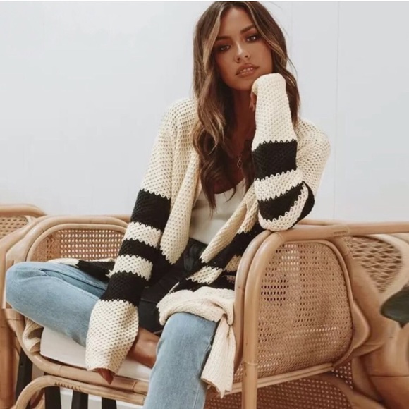 Striped Knit Long Open Cardigan Pocket Sweater - Picture 2 of 5